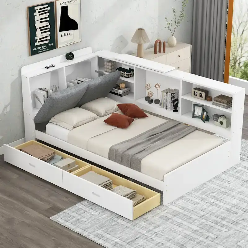 King Size Upholstered Bed with Storage Headboard and Trundle