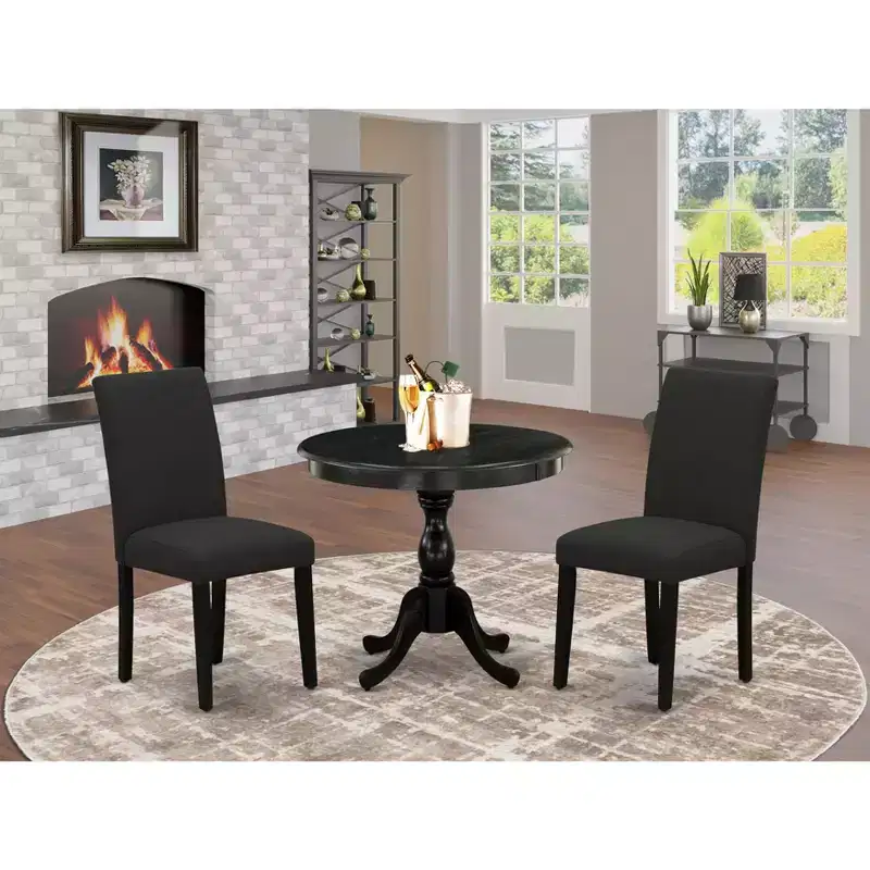 HomeStock Belmont 3 Piece Dinette Sets Contains 1 Wooden Dining Table and 2 Black Linen Fabric Dinning Chairs , High Back ? Wire Brushed Black Finish