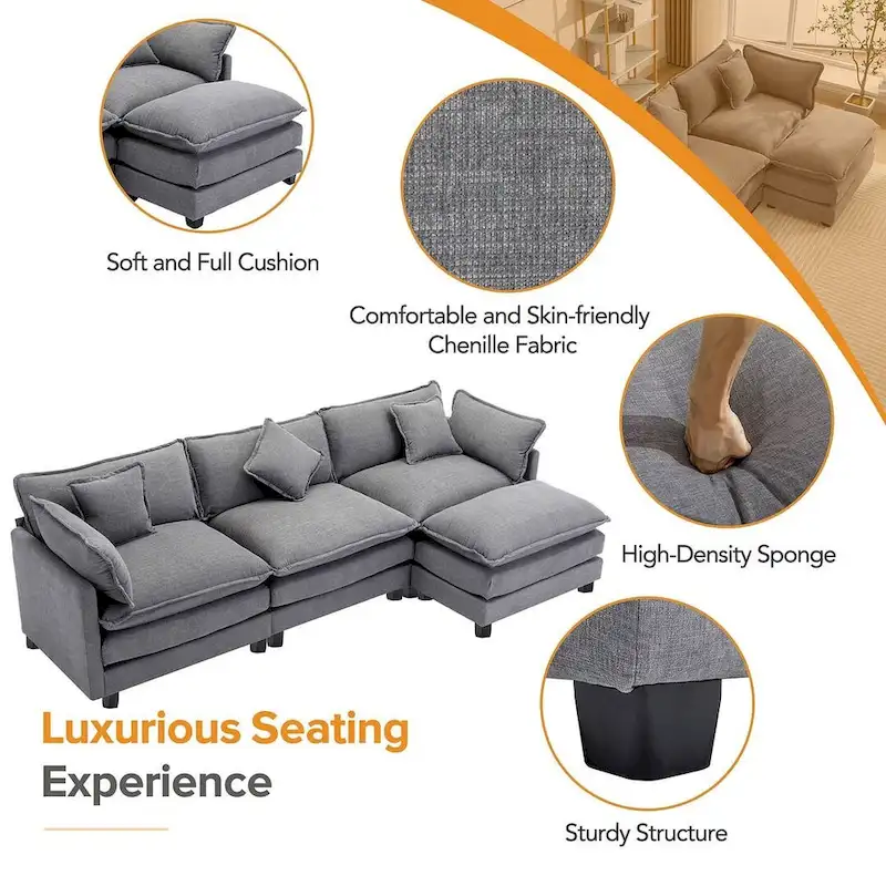 112 Modern L-Shape Chenille Upholstered Sofa with 5 Pillows