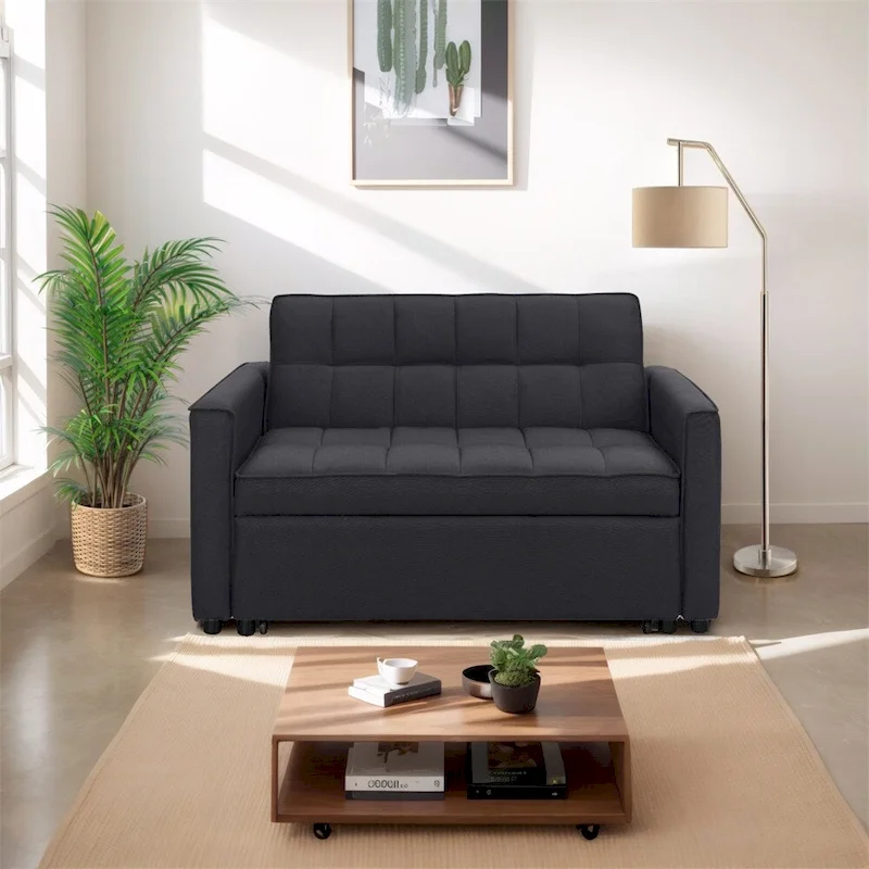 Stylish Pull-Out Sofa Bed w/Woven Polyester Fabric & Solid Wood Frame