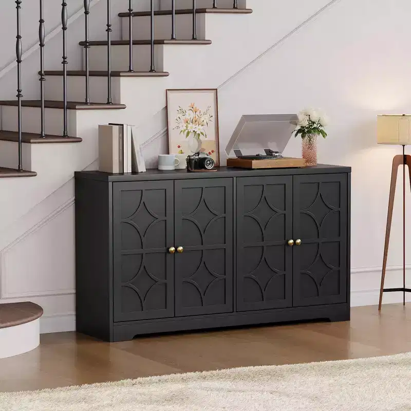 55 Buffet Cabinet with Storage, 4-Door Wood Sideboard with Adjustable Shelves, Farmhouse Coffee Bar Cabinet for Kitchen, Living Room, Entryway