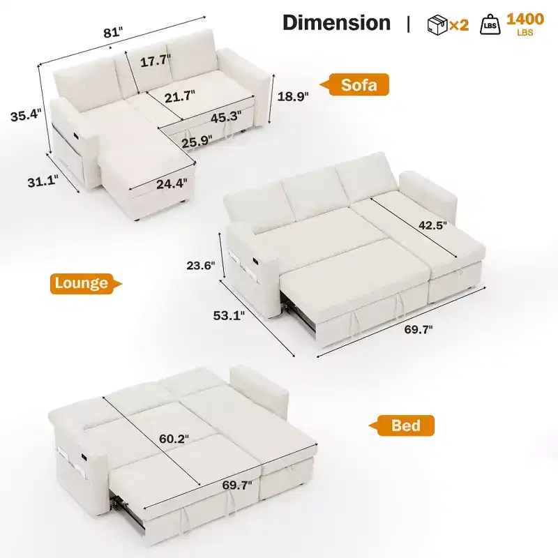 Dyonery Sleeper Sofa- 2 in 1 Pull Out Couch Bed with Storage Chaise Living Room,Chenille Sectional Couch with USB Ports Tool-Free Assembly