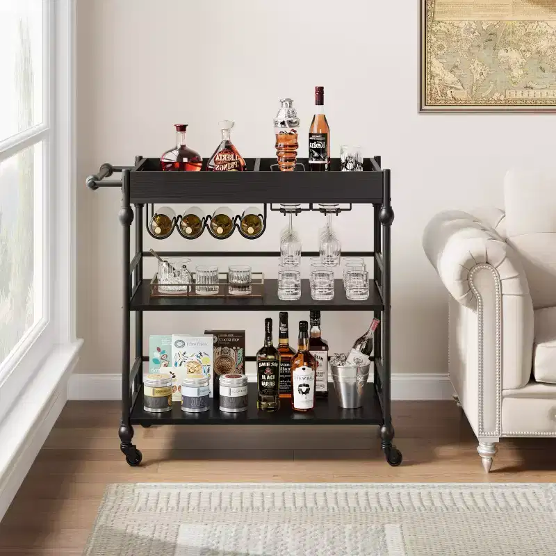 Bar Cart, Bar Carts for the Home, 3 Tier Serving Cart with Wheels, Metal Cart with Wine Rack & Removable Tray for Kitchen, Dining Room