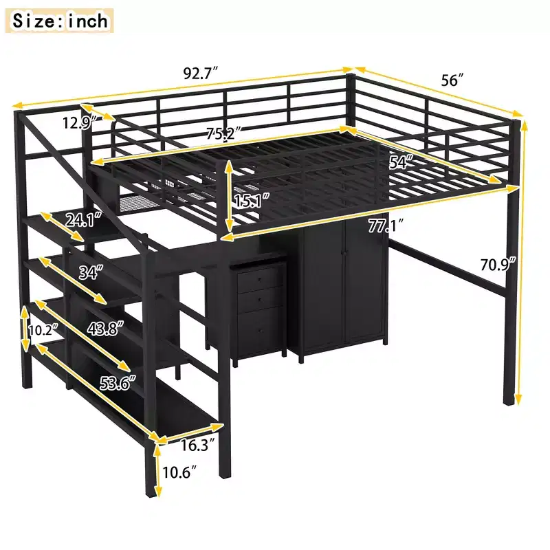 Bellemave Full Metal Loft Bed with Desk, Wardrobe & Storage Ladder, Modern Space-Saving Bed Frame with Guardrails & Slats, No Box Spring, Black
