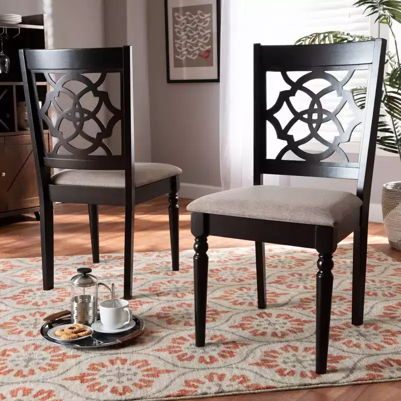 2pc Renaud Fabric Dining Chair Set with Cut-Out Back Design - Baxton Studio: Oak Wood, Foam Padding