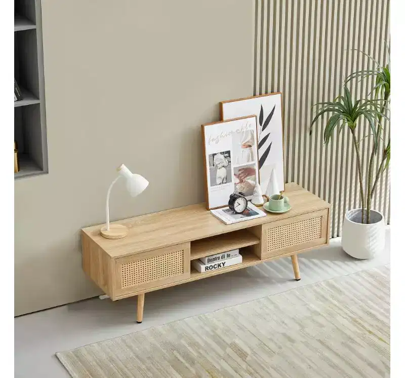 Solid Wood+MDF Rattan TV Cabinet, Double Sliding Doors, Adjustable Shelf, Solid Wood Legs