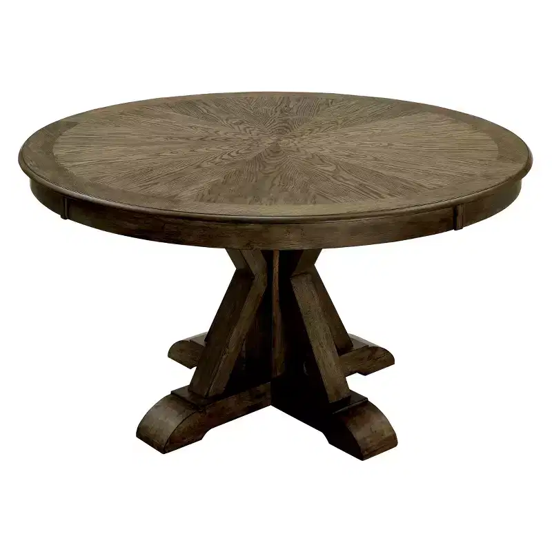 Round Rustic Brown Dining Table, Seats 4, Pedestal Base