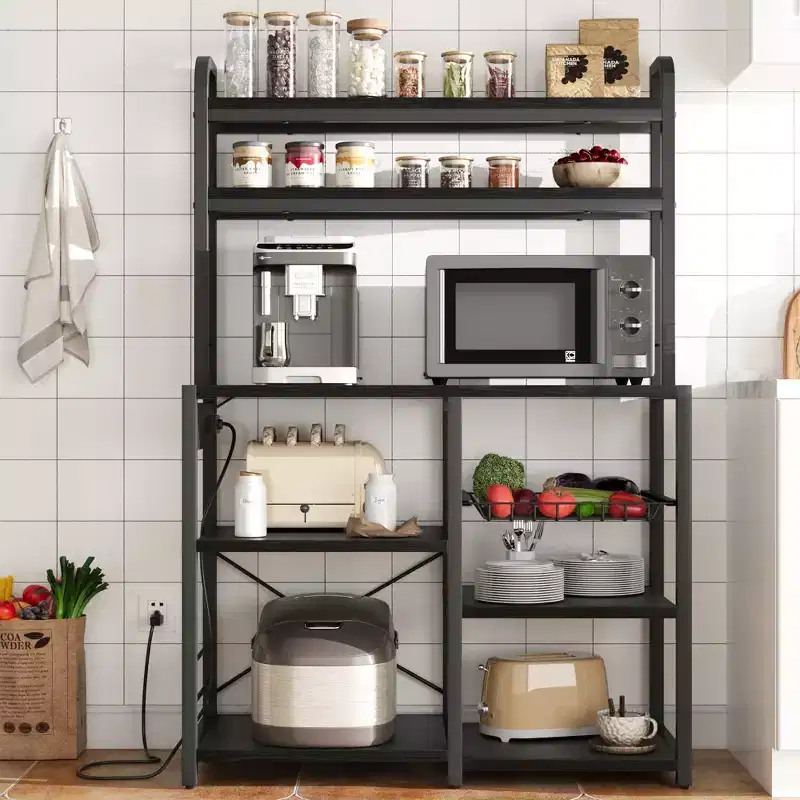 5-Tier Bakers Rack with Wire Basket, Microwave Stand with Power Outlets and Open Kitchen Shelving