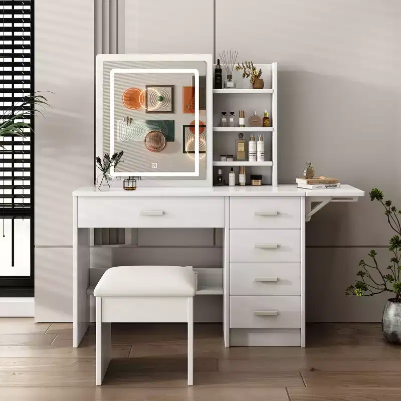 Modern   Mirror Vanity Desk with Lights, 1 Chair, 5 Drawers and Open Shelves