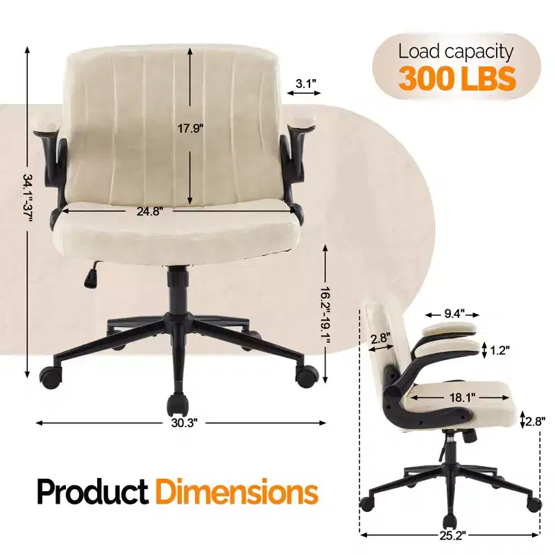 VINGLI Criss Cross Chair with Adjustable Flip-Up Arms,Cross Legged Chair with Wheels, Extra Wide Office Chair,Ivory White