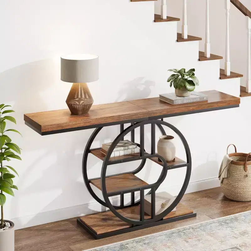 55-Inch Narrow Industrial Console Table 5-Tier Iron Frame Wood Top