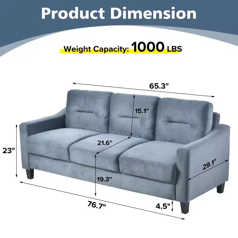 3 Seat Sectional Sofa with U-Shaped Spring Links and Solid Wood Frame Mid Century Velvet Upholstered Couch for Living Room Bedroom Office Gray