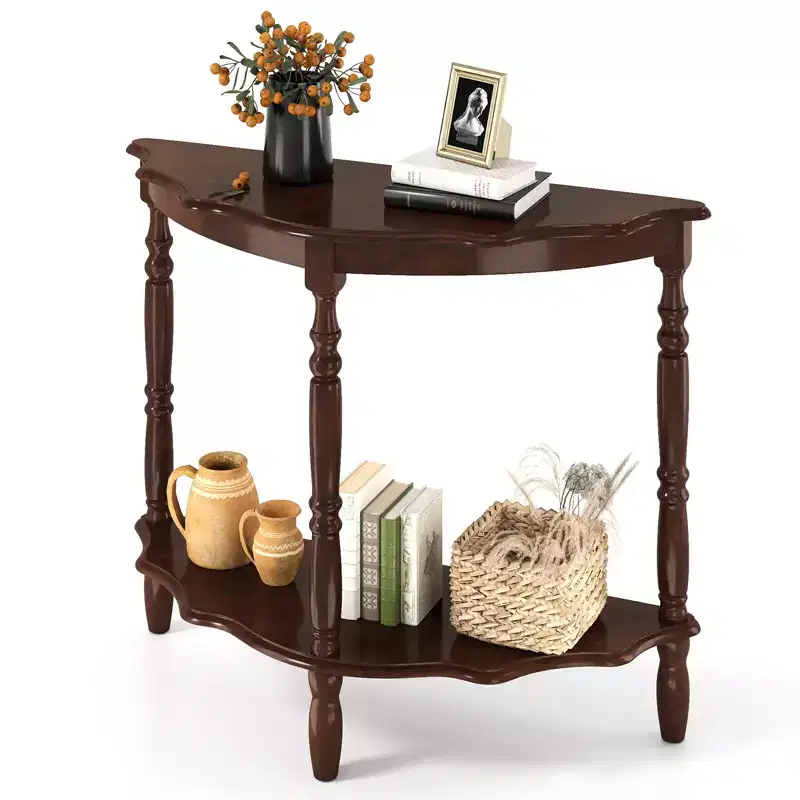 Costway 42 Inch Half Moon Console Table w/Shelf & Rubber Wood Legs for Entrance Hallway