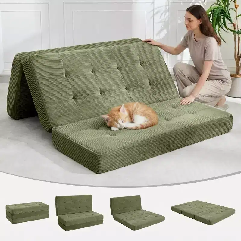 SunnyFurn 6 Inch Tri-Fold Mattress Sofa Bed, 75X54.3 Foam Folding Guest Bed with Tufted Corduroy, Portable for Camping, Living Room, Bedroom