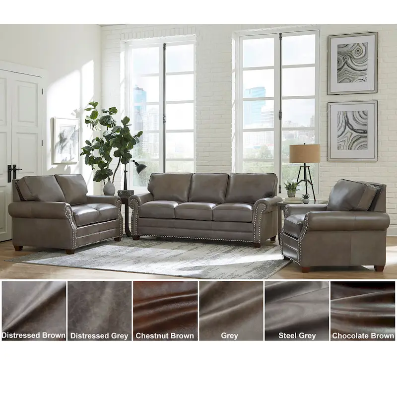 Multi-Color Top Grain Leather 3-Piece Sofa Set, Traditional Style, Seats 5+