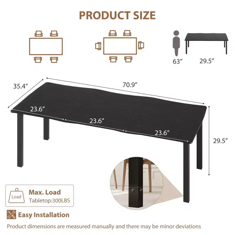 71 / 78 Rectangular Dining Table for 6-8 with Wave Irregular Edge and Metal Frame Waterproof Scratch-Resistant, Versatile for Dining/Work/Study