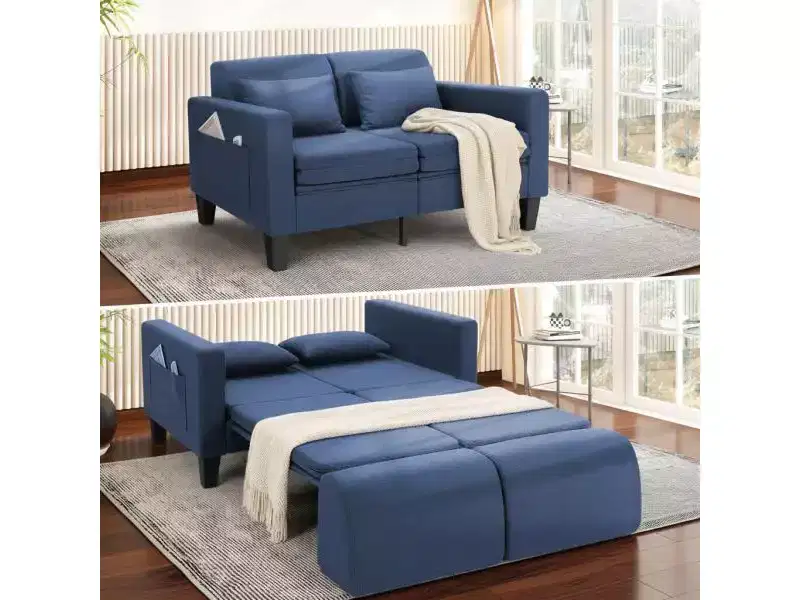 Homdox 6-in-1 Convertible Sofa Bed, 58 Loveseat Sleeper w/ Pull Out Bed, Storage Pockets & 2 Pillows, Modern Linen Futon