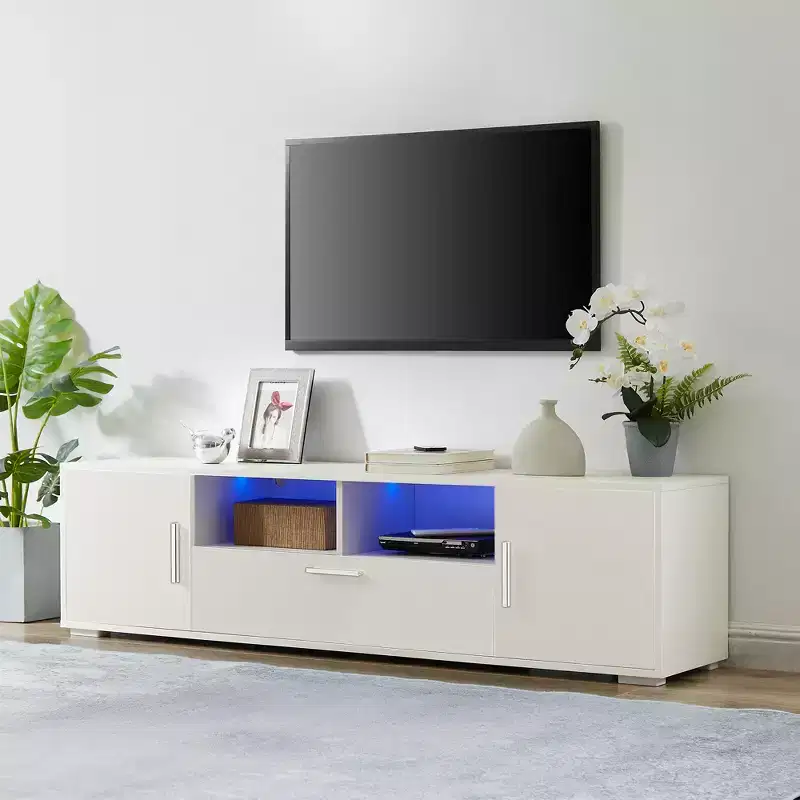 62.99 Stylish TV Stand with LED Light Belt, Open Cells and Metal Handle, Media Entertainment Center for 69 TV 4W - ModernLuxe