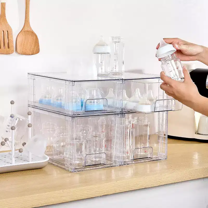 6 Pack Clear Stackable Storage Drawers, Plastic Drawers for Kitchen Pantry, Cabinet, Under Sink Organization