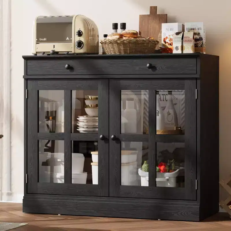 35.4 Sideboard Buffet Cabinets with Storage, Kitchen Coffee Bar Cabinet with Glass Door, Modern Sideboard Buffet with Drawer, White Sideboard Cabine