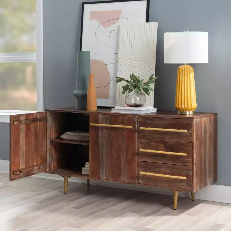 58 Inch Mid-Century Modern Storage Console in Brown Solid Acacia Wood with Gold Handles