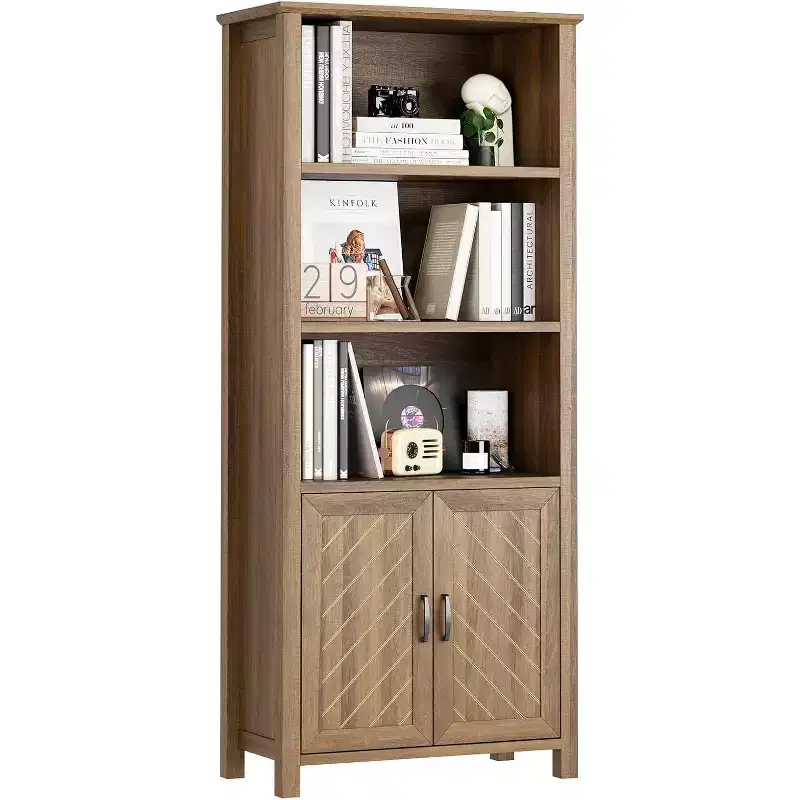 Tall Bookcase with Doors, 5-Tier Bookshelf with Adjustable Shelf, Book Shelf, Office Bookshelf with Storage Books Holder Organizer