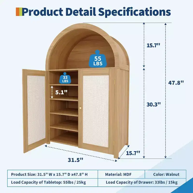 47'' Modern Arched Sideboard Buffet Cabinet with Rattan Doors, Freestanding Storage Pantry for Living Room, Dining Room, Kitchen, Natural