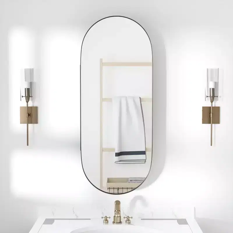 MAYEERTY 32 x 16in Modern Oval Bathroom Medicine Cabinets, Metal Framed Wall Mirror with Storage, Black