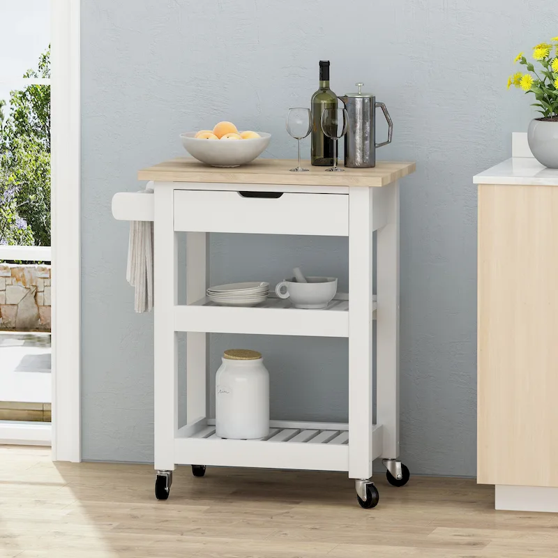 Contemporary Multifunctional Kitchen Cart with Rubberwood Top, Open Slat Shelving, Rolling Casters, Drawer and Towel Holder