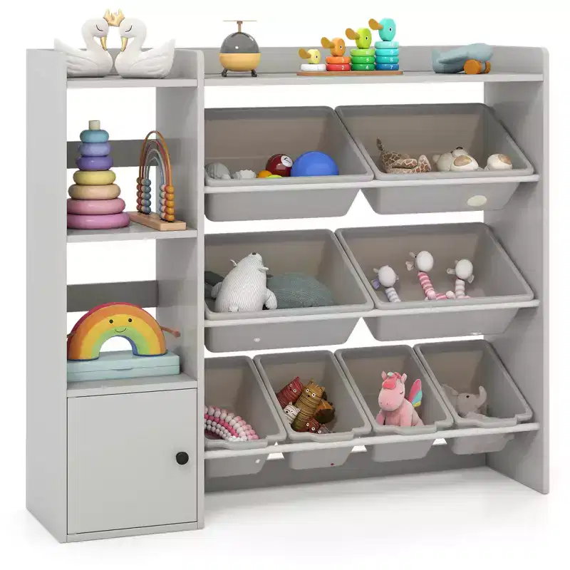 Costway Kids Toy Storage and Bookshelf, Wooden Bookcase with 4 Small Boxes & 4 Large Boxes Gray/White