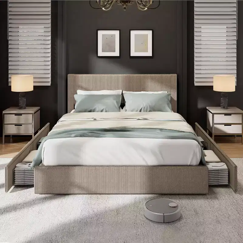 Queen Platform Bed with 4 Storage Drawers, Corduroy Tufted Headboard, Wood Slats, No Box Spring Needed, Brown