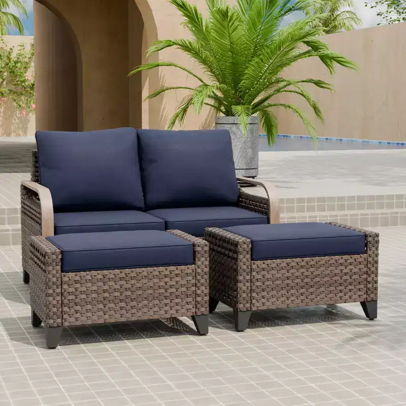 Outdoor Rattan Furniture Set Patio Seating Set Patio Loveseat with Ottoman