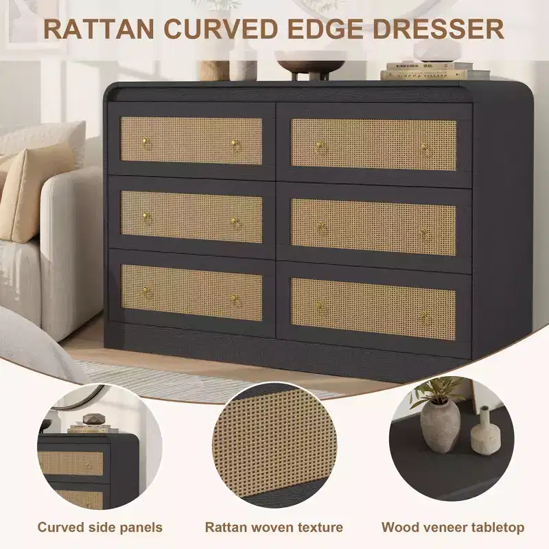 Rattan 6 Drawer Dresser for Bedroom, 46W Wooden Chest of Drawers, Dresser TV Stand, Clothing Storage Organizer for Living Room, Black