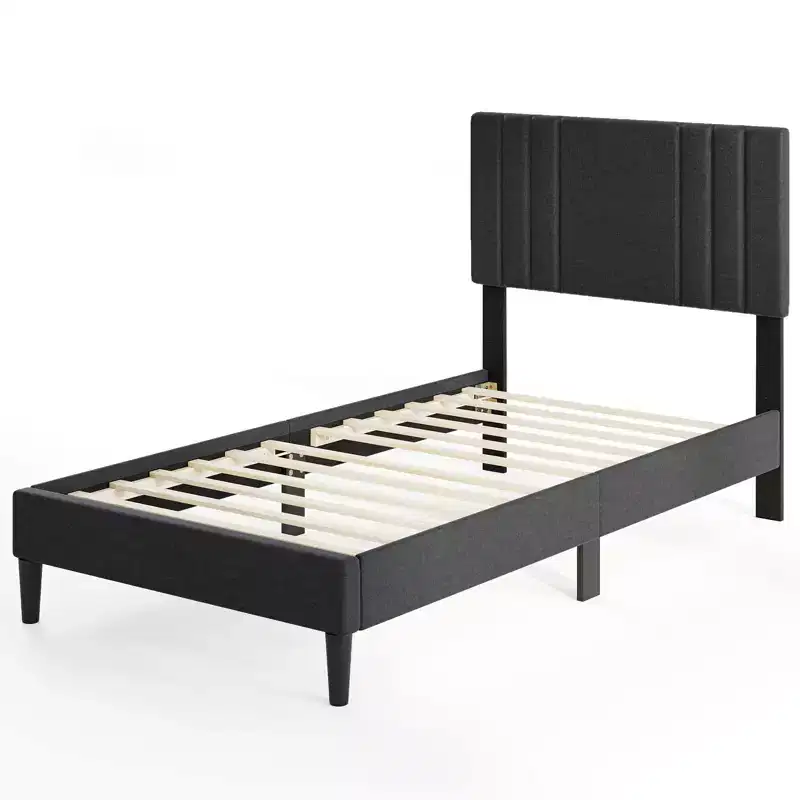 Twin / Full / Queen Size Bed Frame with Vertical Channel Tufted Headboard & Wooden Slats