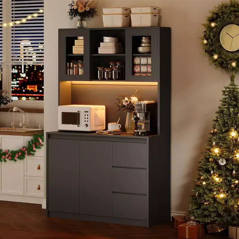 71 Tall Kitchen Pantry Cabinet with LED Lights & Power Outlets, Microwave Stand with Glass Door, Adjustable Shelves, 3 Drawers, Handless Design