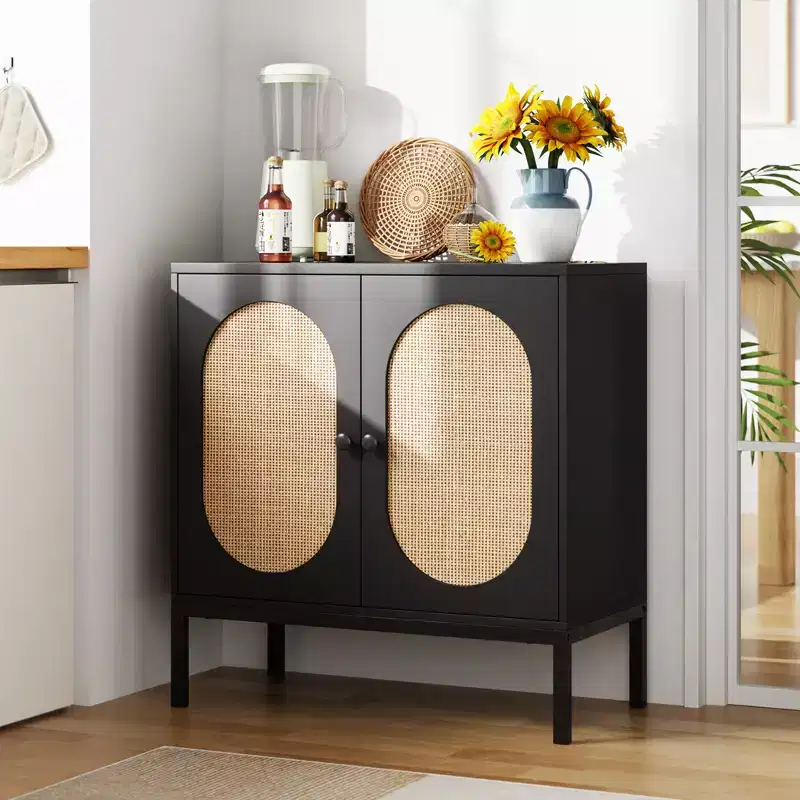 31.5 Sideboard Buffet Cabinet, Rattan Storage Cabinet with Adjustable Shelves, Kitchen Pantry Cabinet for Living Dining Room Entryway