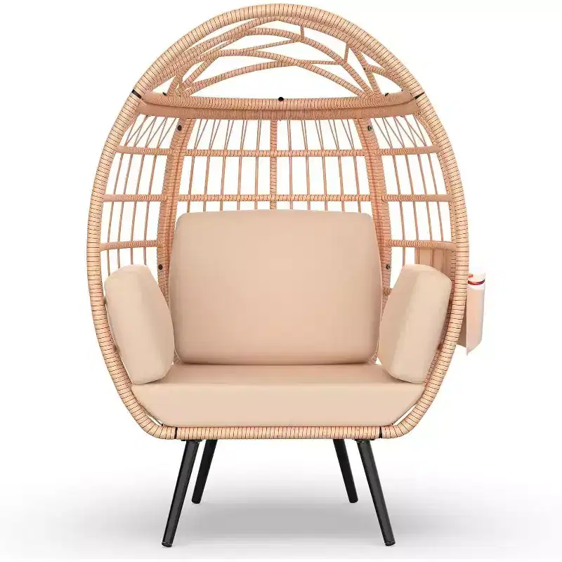 Egg Chair Oversized Lounger with UV-Resistant Cushions, All-Weather Wicker for Indoor/Outdoor, 370lbs Capacity, Beige