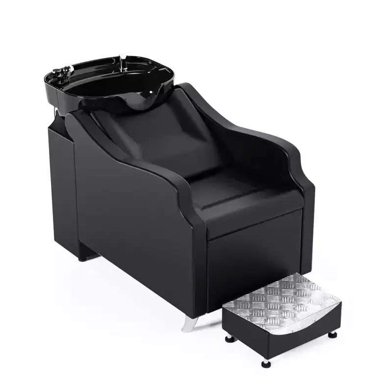 Black Salon Shampoo Bowl and Chair Backwash Unit with Extra Large Ceramic Bowl