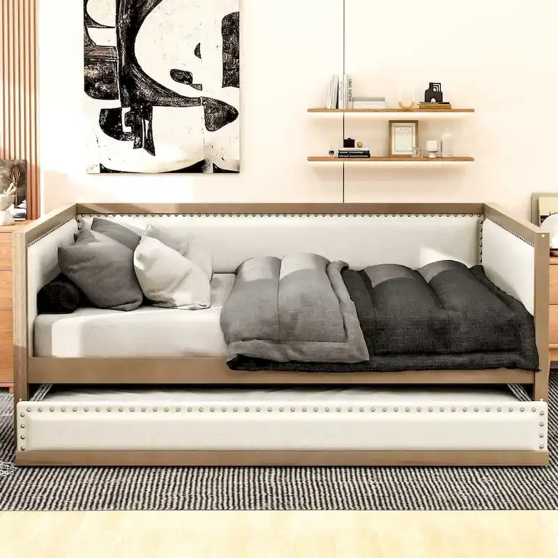 Full Size Upholstered Daybed with Trundle and Nailhead Decoration
