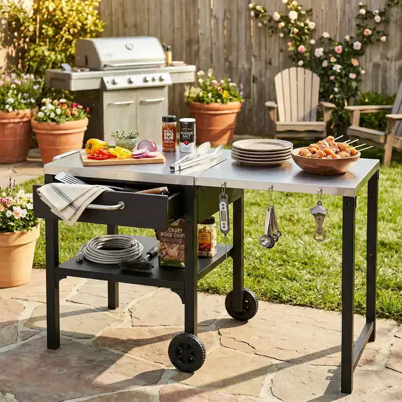 Outdoor Kitchen Cart Foldable Stainless Steel Prep Station with Wheels