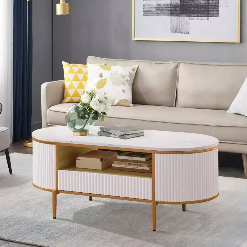 Coffee Table Modern Luxury, 47.24 Oval Fluted Design w/Sliding Drawers & Gold Metal Legs, Faux Marble Top Minimalist Center Table for Living Room