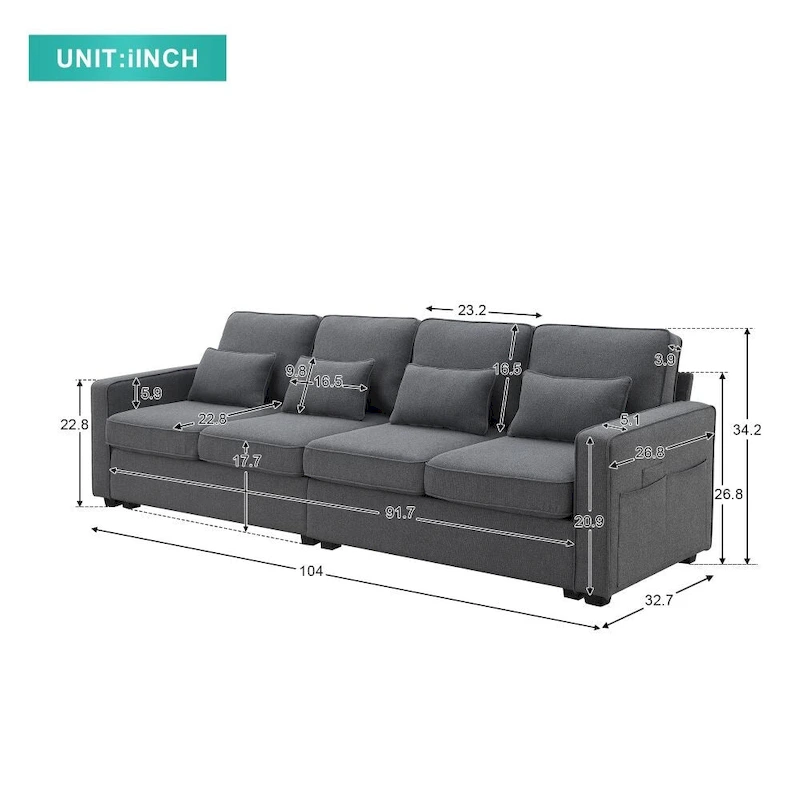 104 4-Seater Modern Linen Fabric Sofa with Armrest Pockets and 4 Pillows