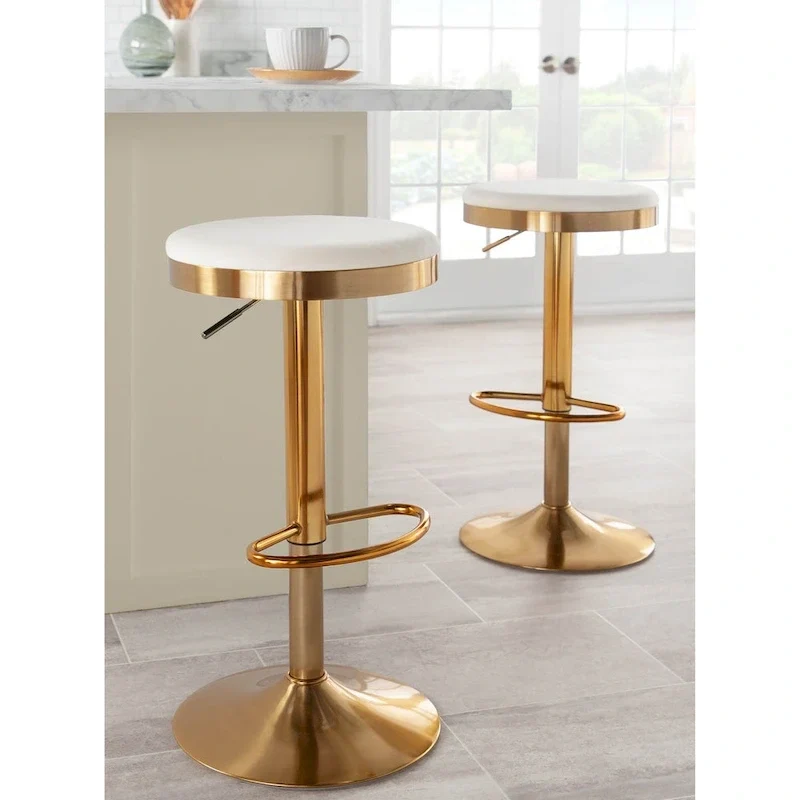 Set of 2 Counter Bar Stools | Gold Steel Frame | White Faux Leather | Adjustable Height