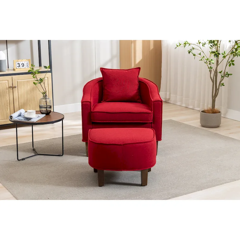 Mid-Century Upholstered Barrel Accent Round Arm Chair with Ottoman