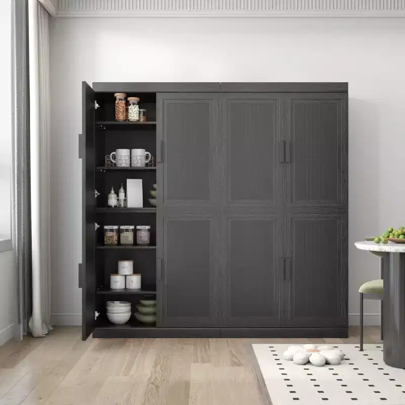 62x62x16 Wood Grain Buffet Cabinet in Black, Storage Organizer with Adjustable Shelves and Rattan Doors for Kitchen Bedroom Living/Dinning Room