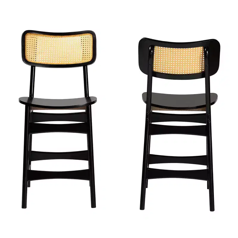 Baxton Studio Tafari Wood and Rattan 2pc Counter Height Barstool Set Dark Brown/Light Brown: Mid-Century, Ergonomic Footrest
