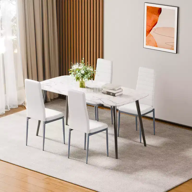 Modern Dining Room Accent Chairs, Upholstered Leather Side Chair, Kitchen Table Chair with Thick Cushions and Metal Legs, White