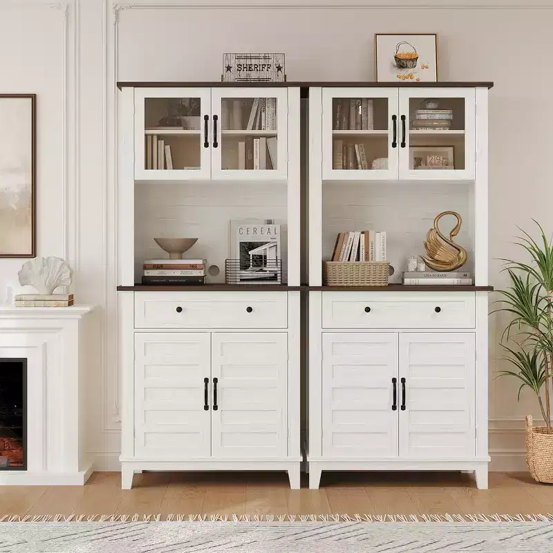 Kitchen Pantry Cabinet with Glass Doors & Drawers, Adjustable Shelves for Coffee Bar, Dining Room, Rustic Style