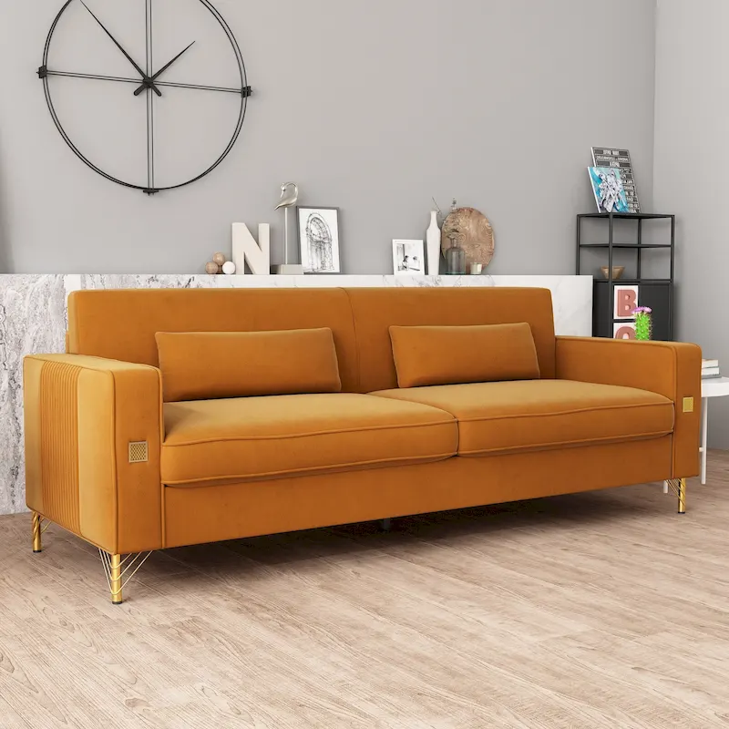 Luxury Velvet Sofa with Gold Accents, 3-Seat Plush Couch for Living Room & Office