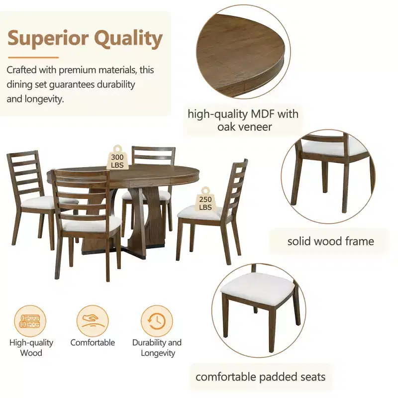 Whisen 5-Piece Retro Rustic Functional Dining Set with 1 Extendable Table and 4 Upholstered Chairs